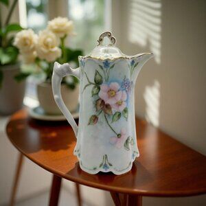 antique fine porcelain gold trimmed handpainted floral hot chocolate pot.
